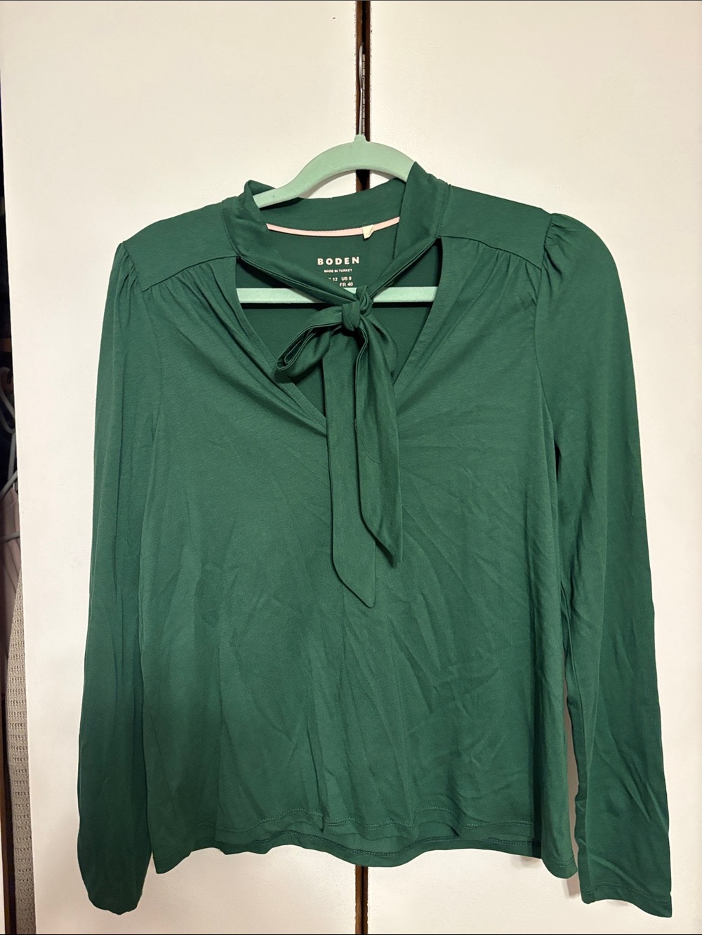 Boden Emerald Green Tie-Neck Long Sleeve top